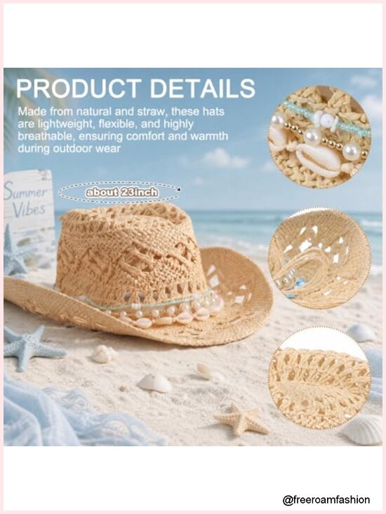 3 Pack Straw Cowgirl Hats Beaded Seashell Decor Sun Hats Beach Party Favors main image 4